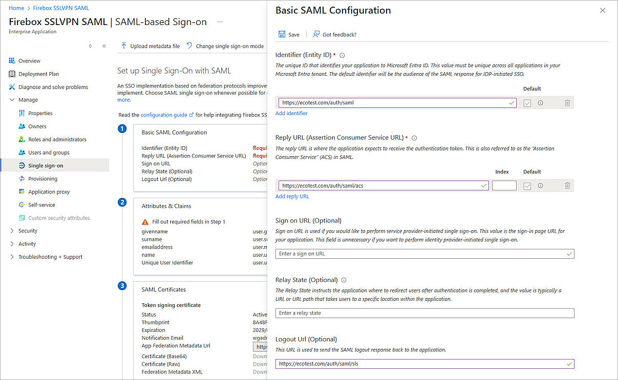 Screenshot of Entra ID, Azure SAML app setup 5